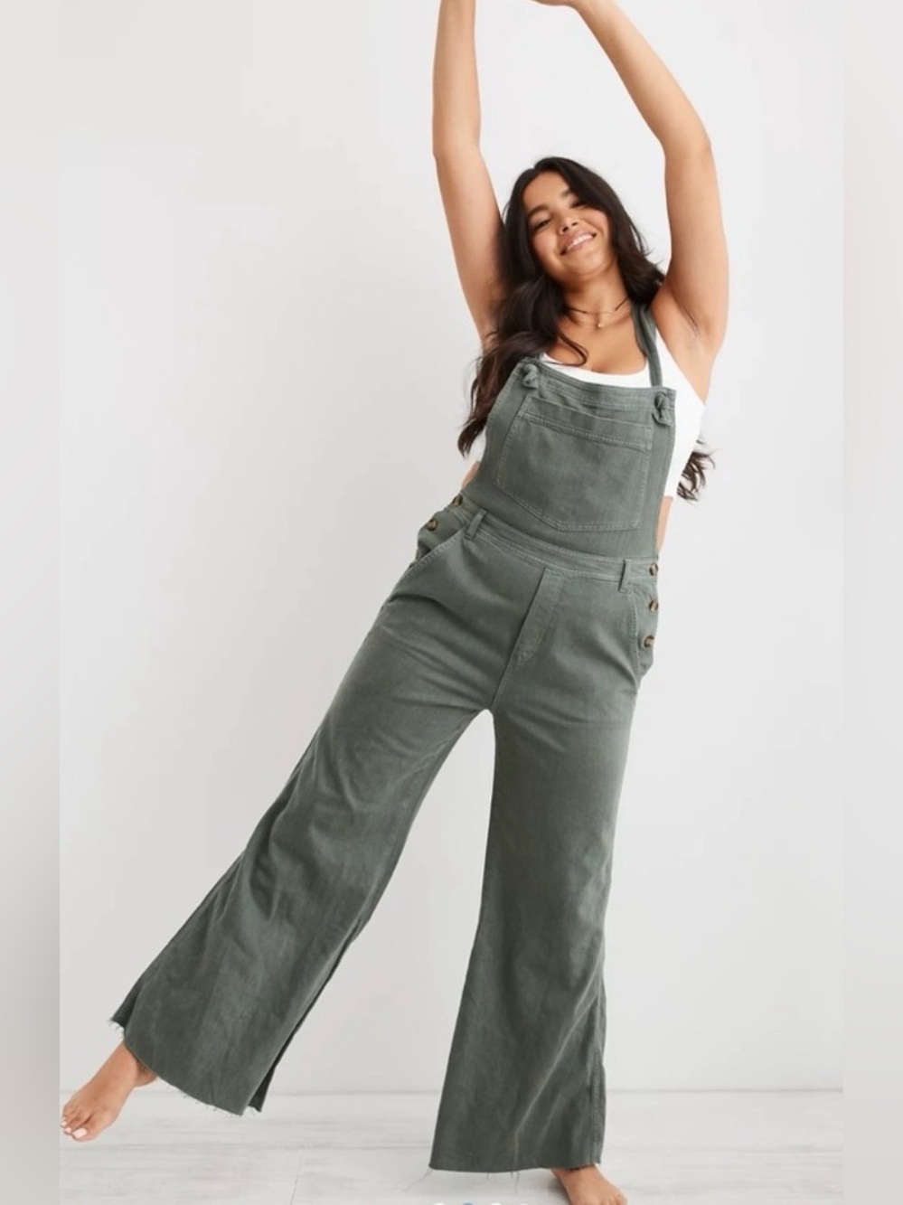 aerie Olive Green Wide-Leg Denim Overalls